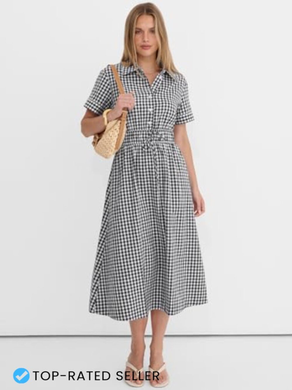 Striped Midi Dress Button Front A-Line Summer Rayon Shirt Dress Pockets - Picture 5 of 7